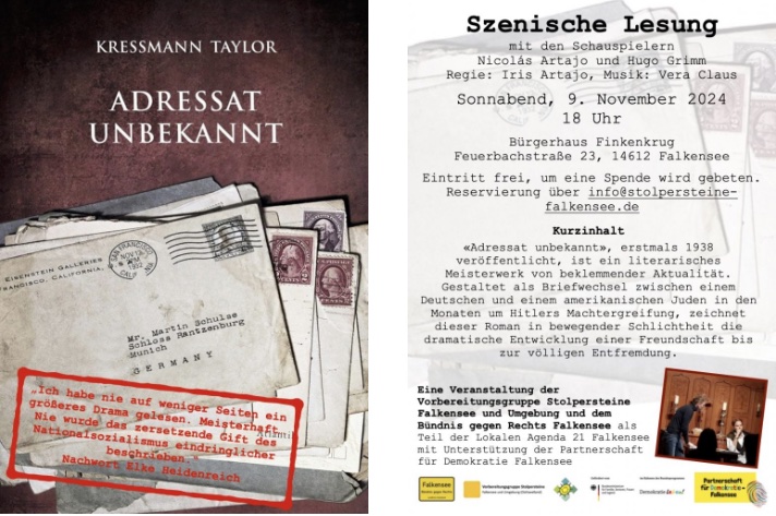 Theaterstück „Adressat unbekannt“ am 9. November 2024, 18 Uhr im Bürgerhaus Finkenkrug