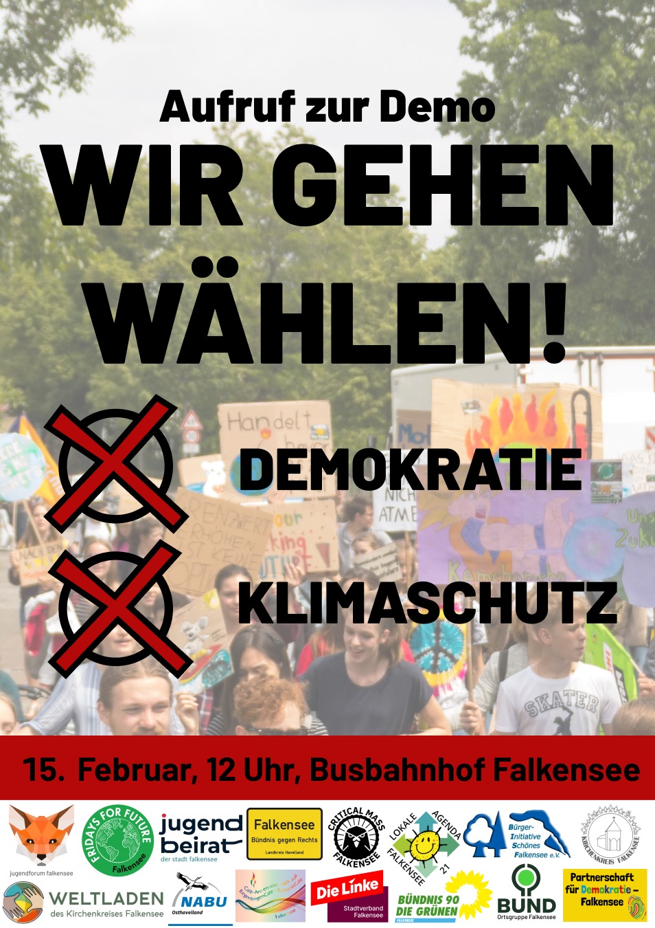 Wir gehen wählen, Demo, 15.2.2025, 12 Uhr Bahnhof Falkensee