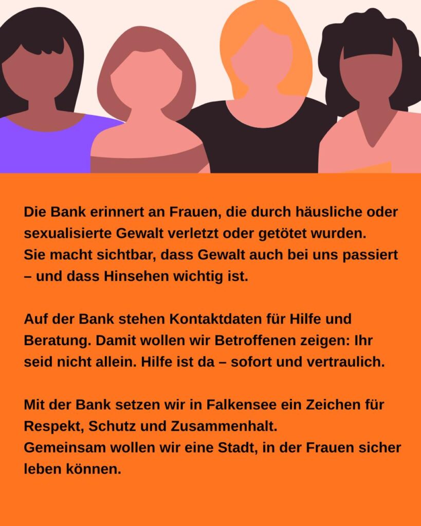 Keine Gewalt gegen Frauen – Bankeinweihung in Falkensee, auf der Bank stehen Kontaktdaten für Betroffene