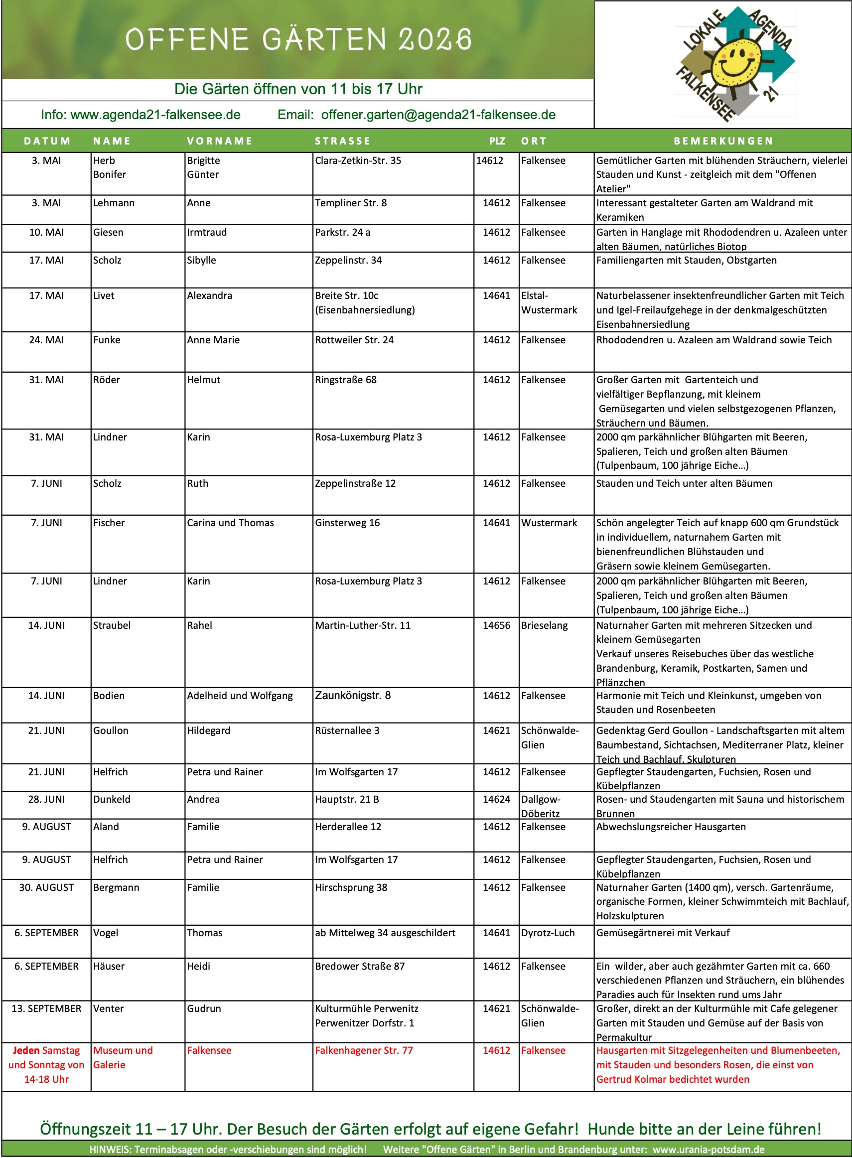Termine 2026, Offene Gärten in Falkensee und Umgebung