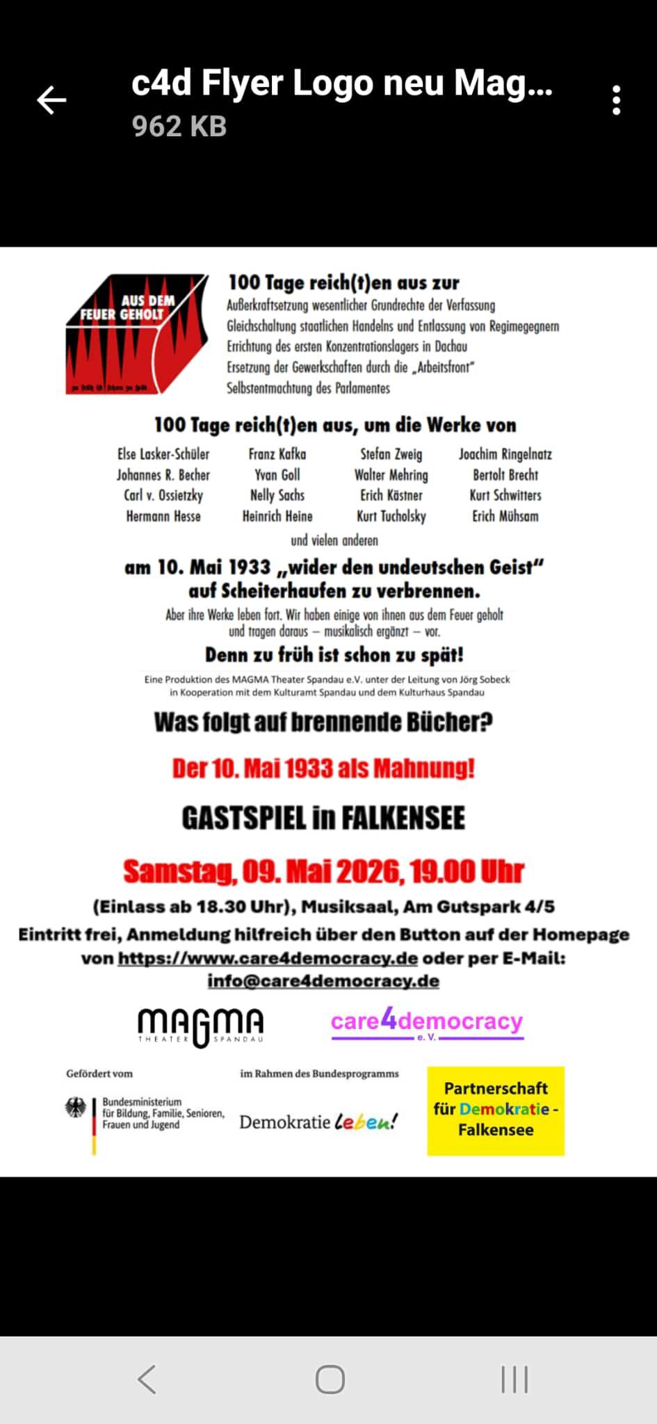 Aus dem Feuer geholt – Theaterstück am 8.5., 19 Uhr, über die Bücherverbrennung durch die Nazis.